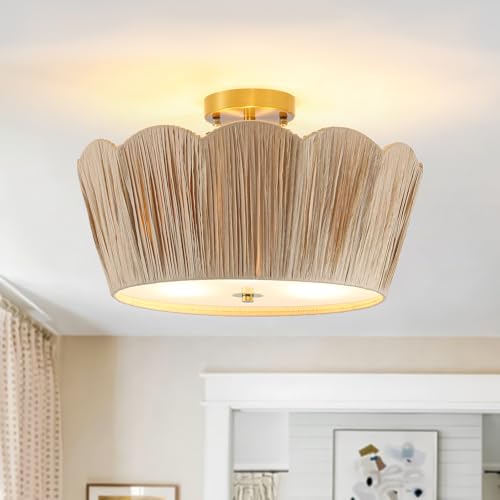 18” Boho Ceiling Light 3-Light Semi Flush Mount Ceiling Light Fixture with Woven Raffia Shade, Boho Light Fixture for Bedroom Kitchen Hallway Entryway - color: Brown