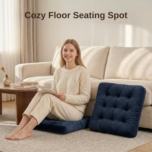Floor Pillow for Adults, Soft Velvet Floor Cushion for Sitting, Single Square Tufted Floor Pillow for Reading Nook, Living Room, Bedroom, 22 x 22 Inch, Navy - color: Navy, size: 1pack