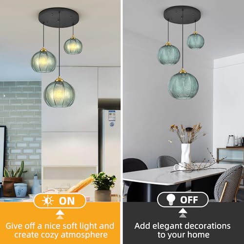 Mint Green Glass Chandelier, 3 Light Pendant Light Fixtures Kitchen Island Lighting Century Modern Kitchen Island Pendant Lighting Hanging Lights Multi Light Cluster Pendant Lighting（Without Bulb） - color: Mint-3 Light
