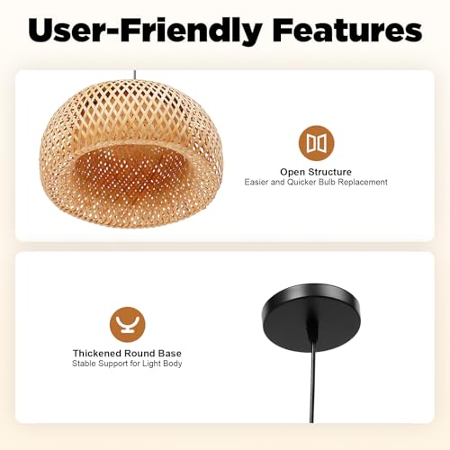TFCFL 15Inch Bamboo Chandelier, Rattan Pendant Lamp Shade Ceiling Lighting Weave Bamboo Rattan E26 Hanging Light Fixture Hollow Lampshade Pendant Light for Dining Room (Bulbs Not Included) - size: 15 Inch