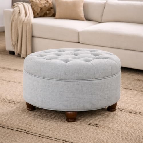 HomePop 25" Button Tufted Round Storage Ottoman - Light Blue - color: Light Blue