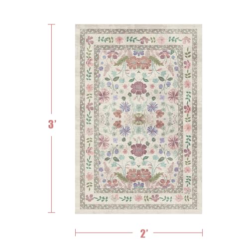 Deerly Floral Rugs for Entryway 2x3 Washable Small Vintage Boho Bathroom Door Mat Non-Slip Soft Low Pile Thin Indoor Carpet for Kitchen Entrance Farmhouse Throw Rug, Beige/Light Pink/Multi - color: Beige/Light Pink/Multi, size: 2' x 3' (Rectangular)