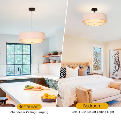 Black Modern Chandelier 18'' Drum Pendant Light with Fabric Lampshade Hanging Light Fixture 3-Light Farmhouse Chandeliers for Dining Room Bedroom Kitchen Hallway Foyer - color: 18" Fabric Black