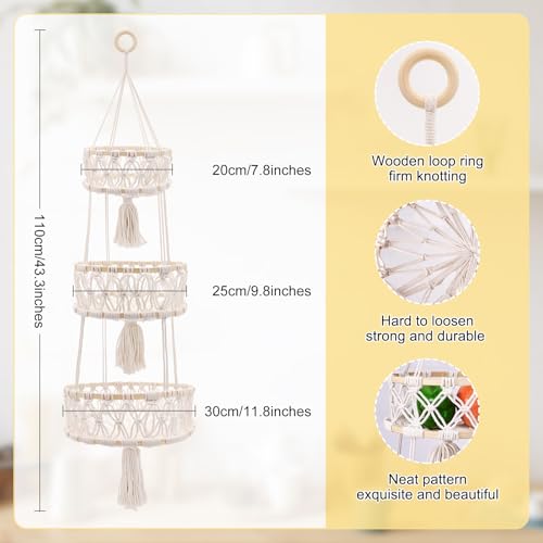 3 Tier Hanging Basket, Macrame Hanging Basket for Fruit and Vegetable Storage, Cotton Rope Woven Baskets for Kitchen, Decorative Boho Decor Hanging Plant Holder - color: White