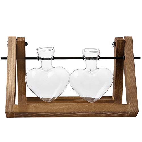 Kingbuy Glass Desktop Planter with Retro Wooden Stand and Plant Terrarium Vase (2 Hearts) for Indoor Home Office Desk Decor Accessories - size: Heart 2 Bulb