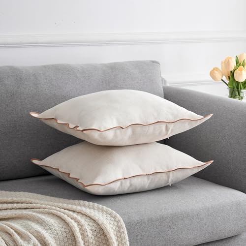 Scalloped Throw Pillow Covers 20x20 Inch Set of 2, Cotton & Linen, Boho Sytle Decorative Couch Bed for Living Room (Beige Pillow & Brown Edge) - color: Beige, size: 20" x 20" (Pack of 2)