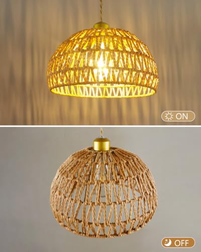Rattan Pendant Light Fixtures, 11.6” Boho Woven Basket Pendant Light, Handmade Wicker Hanging Lamp, Rustic Wicker Chandelier for Kitchen Island, Dining Room, Living Room, Bedroom, E26 Base - color: 11.61″-Round