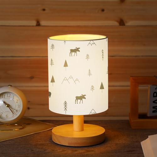 VIHOSE Forest Animals Bedside Table Lamp Vintage Nightstand Lamp with Linen Fabric Shade Solid Wood Base Decoration for Kids Living Room Bedroom Desk Dorm - style: Forest Animals