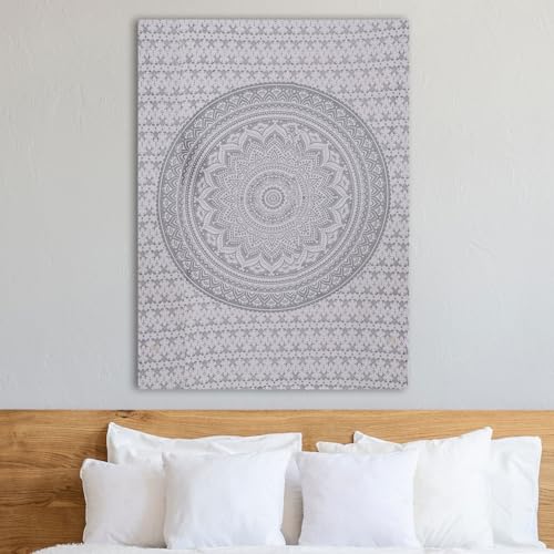 THE ART BOX Glittering Silver Grey Tapestry Wall Hanging Mandala – Bohemian Room Decor – Cotton Throw Tapestry – Small Bedspread 30x40 Inches - color: Silver and White, size: 30"L x 40"W
