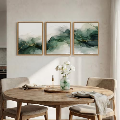 Framed Abstract Emerald Green Wall Art Bedroom, 3 Piece Modern Minimalist Watercolor Prints Canvas Artwork for Walls, Flowing Gold Lines Pictures for Living Room Home Office Wall Decor, 12x16 Inch - color: Emerald Green