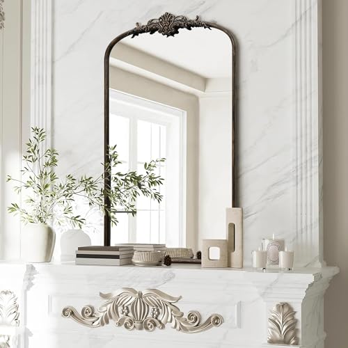 Besdomus Vintage Black Arched Mirror: 24"x42" French Large Arch Antique Wall Mounted Mirror - Traditional Ornate Home Decor for Living Room/Entryway/Fireplace/Bathroom - Ideal for Bathroom Remodeling - color: Black, size: 42"L x 24"W