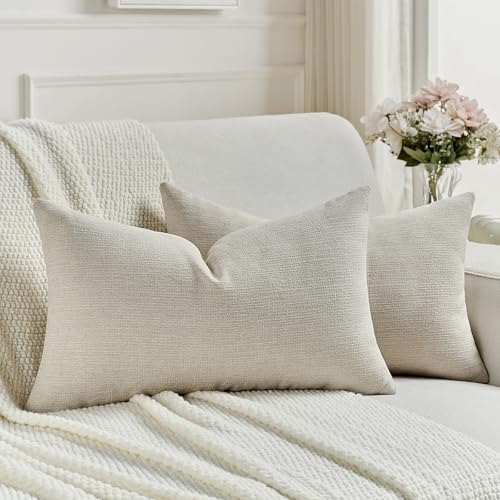 FUTEI Pack of 2 Chenille Decorative Throw Pillow Covers 12x20 Inch,Soft Cozy Faux Linen Textured Lumbar Pillow Cases,Farmhouse Home Decor for Couch Living Room,Beige - color: Beige, size: 20" x 12" (Pack of 2)