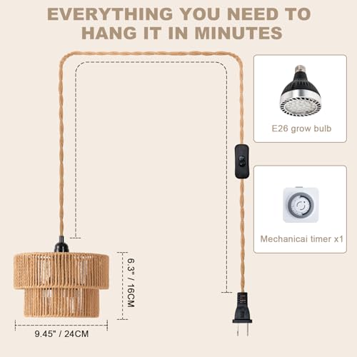 Hanging Grow Light, 30W LED Lamp with Timer for Indoor Plants | 4000K LED plant lamp with 15 ft cord, outlet timer, and boho paper rope shade for succulents, herbs, and low-light rooms. - color: Tiered