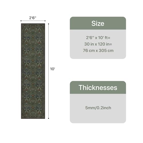 Bavni 2'6" x 10' Runner Rug, Washable Non Slip Hallway Runner Rug, Boho Floral Carpet for Entryway, Kitchen, Laundry Room, Soft Ultra Thin Botanical Long Rug for Indoor Floor, Dark Green - color: Dark Green, size: 2'6" x 10' (Rectangular)
