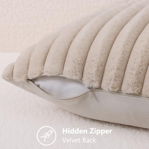 decorUhome Fall Cozy Faux Fur Throw Pillow Covers 26x26 Set of 2 Decorative Soft Plush Striped Modern Farmhouse Boho Couch Euro Sham Pillow Cases with Velvet Back for Sofa Bed Living Room, Beige - color: Beige, size: 26" x 26" (Pack of 2)