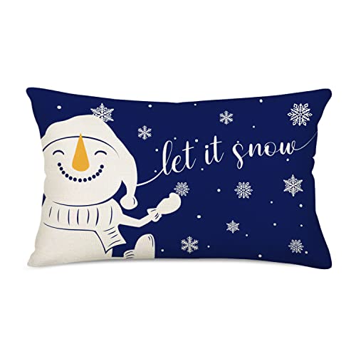 Winter Snowman Throw Waist Pillow Cases Blue White Snowflake Outdoor Let It Snow Holiday Christmas Farmhouse Decorations Pillow Covers 12x20 Inch Cotton Linen Couch Cushion Cover - color: Blue Snowman Let It Snow