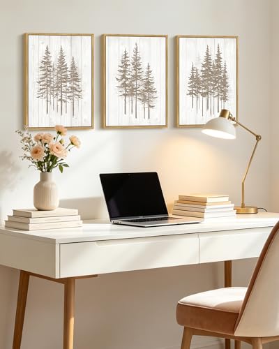 KUVIOKE Foggy Misty Pine Tree Framed Wall Art Watercolor Nature Abstract Forests Wall Decor Rustic Minimalist Painting for Bedroom Dining Room 12x16in (Natural Framed) - color: Watercolor Trees, size: 12 x 16in x 3 Panels Natural