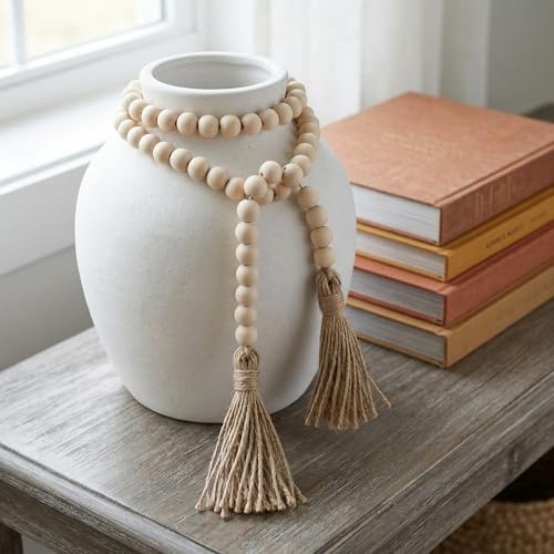 RGB World Farmhouse Beads Long Length Solid Wood Bead Boho Tassel Garland - Rustic Country Solid Beaded Boho Chic Decor for Wall, Above Cabinet & Table