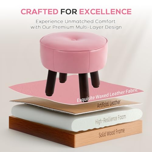oakvivo Small Foot Stool Round Pouf Ottoman, 13'' Leather Foot Rest with Non-Skid Rubber Legs, Foolstool Ottomans for Couch, Sofa Footrest Step Stool for Living Room Bedroom Entryway Office, Pink - color: Pink