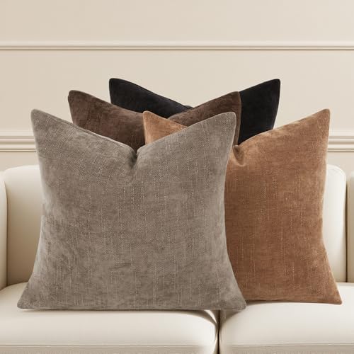 Farmhouse Decor Throw Pillow Covers 16x16 Inch Set of 4, Solid Textured Cushion Covers for Couch, Sofa, Bed – Taupe Grey, Light Brown, Brown, Black - color: Neutral Brown/Black, size: 16" x 16" (Pack of 4)