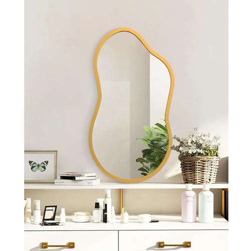 AAZZKANG Large Wall Mirror with Wood Framed 22"x12" Gold Irregular Hanging Mirrors Asymmetrical for Bathroom Bedroom Living Room Entryway - color: Gold, size: 22"L x 12"W
