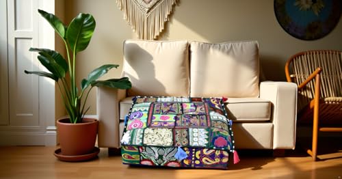 CRAFT KALA Indian Square Patchwork Traditional Pouf Cover Indian Living Room Poufs Decorative Embroidered Designer Ottoman Home Footstool Chair Cover Decor Pillow Cover 18x18x5 inches, Light Green - color: Light Green, size: 18"D x 18"W x 5"H