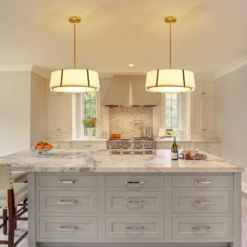 Shrine Lighting Drum Chandeliers, Modern Style, Drum Pendant Light for Living Space, D18'' x H6'', Adjustable Chains 39.4'', E12*4 Sockets, White Lampshade & Brass Finish - color: Brass D18''
