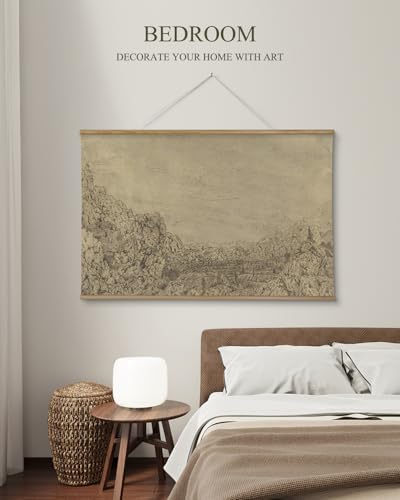 ARPEOTCY Extra Large Vintage Framed Wall Art, 36x54 Inch Sketch Valley Mountain Landscape Hanging Canvas Prints, Scroll Wall Decor for Living Room Bedroom, Retro Scenery Pictures Above of Bed - color: Sketch the Valley