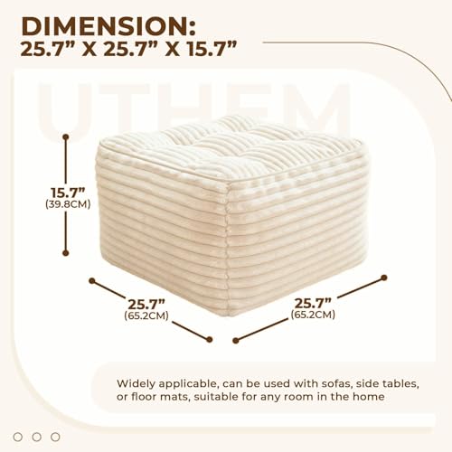 Square Pouf Ottoman, Boho Stuffed Furry and Fluffy Poufs Ottoman Foot Rest with Memory Foam Filled 25.7 x 15.7 inches Modern Corduroy Foot Rest Stool for Living Room, Beige - color: Beige