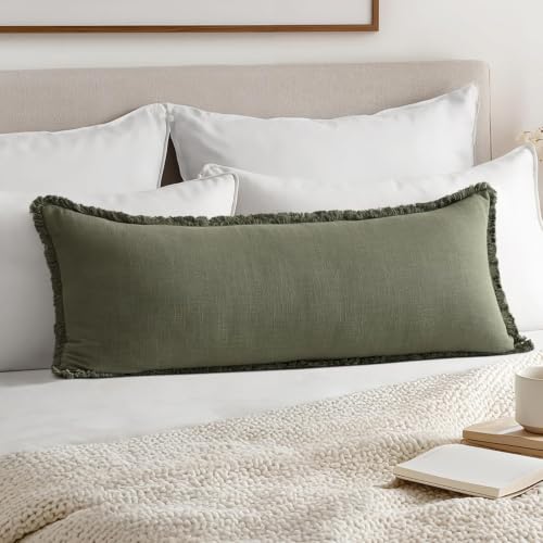 MIULEE Decorative Throw Pillow Covers Neutral Linen Fringe Throw Pillows Set of 1 Olive Green Boho Farmhouse Cushion Covers for Couch Sofa Bed Living Room Spring Home Decor 14x36 Inch - color: Olive Green