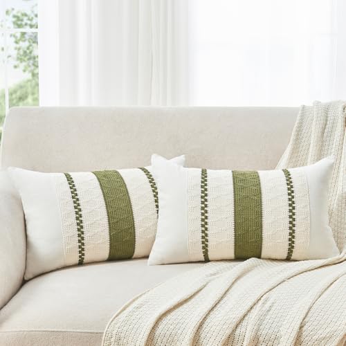 Throw Pillow Covers Set of 2 12x20 Inch Boho Pillow Covers, Soft Lumbar Neutral Cotton Olive Green Decorative Case for Couch Sofa Bed Living Room, Home Modern Woven Farmhouse Cute Decor - color: Olive Green, size: 20" x 12" (Pack of 2)
