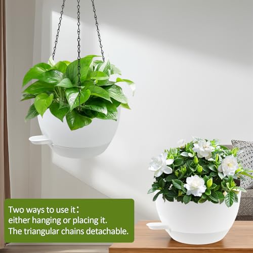 WOUSIWER Self Watering Hanging Planters, 2 Pack 10'' Plastic Pots with Drainage Holes & Reservoir Tray (White) | Indoor & Outdoor Use for Ferns, Ivy, Herbs, Succulents - color: White, size: 2 Pack 10 inches