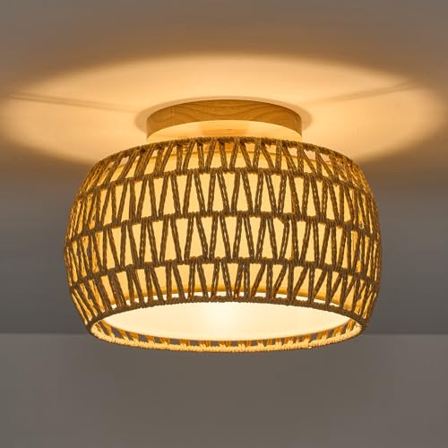 Boho Rattan Flush Mount Ceiling Lights 12 Inch Farmhouse Ceiling Light Fixtures Rustic Wicker Hand Woven Rope Cage for Dining Room Kitchen Bedroom Foyer Hallway Entryway - size: 12 Inch 1 Pack