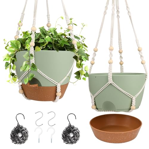 Hanging Planters for Indoor Outdoor Plants, 2 Pack Self Watering Hanging Pot with Drainage Holes, Removable Tray & 2 Kinds of Plant Hangers, 10'' Hanging Flower Pots for Home Garden Decor, Green - color: Ivory+black+green, size: 10''