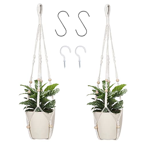Macrame Plant Hanger Indoor Hanging with Wood Beads Macrame Planters No Tassel for Indoor Outdoor Boho Home Decor 35 Inch (Ivory,2pcs) - color: Ivory