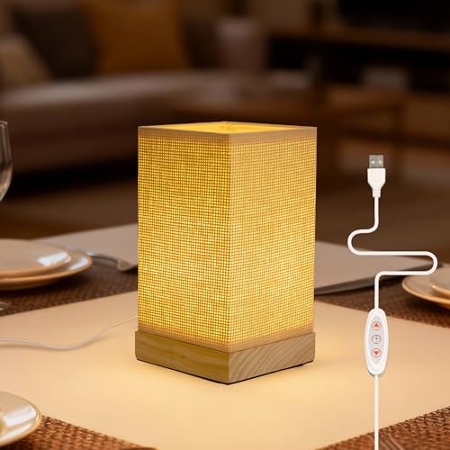 LUSHARBOR Boho Bedside Table Lamp, Decorative Dimmable Rattan Lamp Battery Operated, Small Nightstand Boho Lamp Accent Vintage Table Lamps for Livingroom/Entryway/Tabletop/Desk Decor-Beige - style: USB-WOVEN