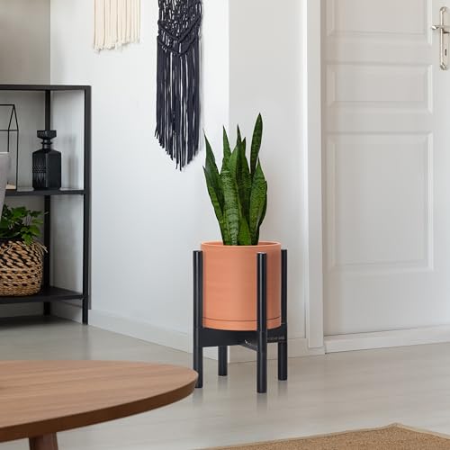 D'vine Dev Terracotta Planter with Ebony Stand - 8 Inch Modern Round Flower Pot with Wood Planter Holder, Terracotta, 55-B-M-5 - color: Terracotta Pot + Ebony Stand, size: 8 Inch
