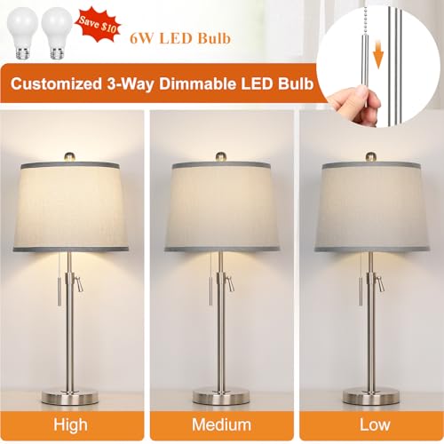 JUNNAI Table Lamps Set of 2, Bedside Lamp Silver Tall Table Lamps for Living Room End Tables, 22" to 30" Adjustable Height Lamp for Bedroom Nightstand Farmhouse with Pull Chain(Bulbs Included) - color: Silver+Gray Shade Set of 2