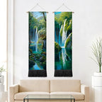seewan 2 Pack Long Vertical Wall Tapestry, Boho Nature Landscape & Floral Aesthetic Wall Hanging for Bedroom Living Room Home Decor, Long Narrow Art Tapestry with Sunrise Mountain Botanical Designs, 13" × 51" (Waterfall Jungle Glow, 13"Wx51"H, Unframed) -