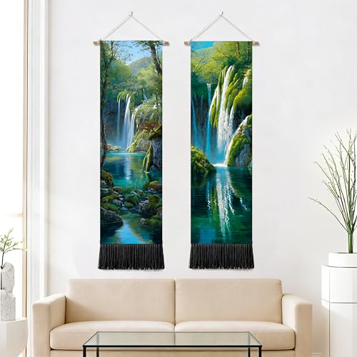 seewan 2 Pack Long Vertical Wall Tapestry, Boho Nature Landscape & Floral Aesthetic Wall Hanging for Bedroom Living Room Home Decor, Long Narrow Art Tapestry with Sunrise Mountain Botanical Designs, 13" × 51" (Waterfall Jungle Glow, 13"Wx51"H, Unframed) -
