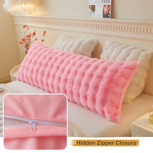 LIFEREVO Fluffy Faux Rabbit Fur Body Pillow Cover, Soft Cute Bubble Waffle Shaggy Plush Bed Body Pillowcase with Zipper Closure, Long 20"x54" Fuzzy Furry Pillow Case for Pregnancy Side Sleeper, Pink - color: Pink