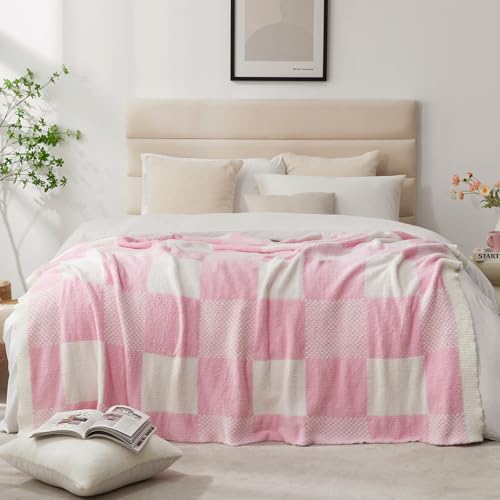 Snuggle Sac Checkered Blanket, Baby Pink Throw Blanket for Couch Plaid Microfiber Fluffy Warm Cozy Fuzzy Soft Throw Blanket Reversible Checkered Blankets for Sofa, Bed, 60x80 inches - color: Baby Pink, size: Twin(60"x80")