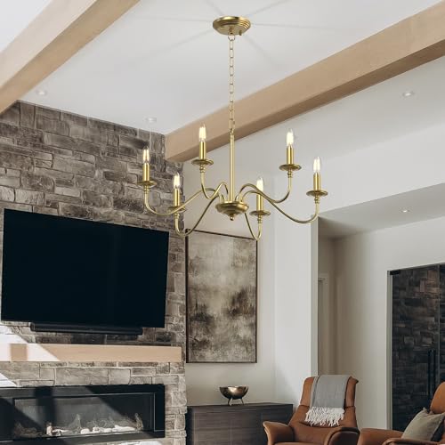 Rustic Farmhouse Candle Chandelier for Dining Room, 6-Light Rustic Black Iron Light Fixture with Classic S-Arm Design for Kitchen Island, Living Room, Foyer-Brass Gold - color: Brass Gold