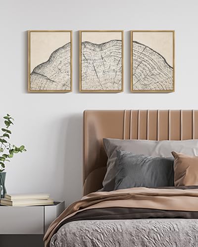 PHOPAGO Farmhouse Vintage Framed Wall Art Set Gray Wood Tree Ring Spirals Nature Abstract Drawings Rustic Modern Art Decor for Living Room Bedroom - 11x14in Natural Framed - color: Vintage Tree Ring, size: 11" x 14" x 3 Pcs Natural