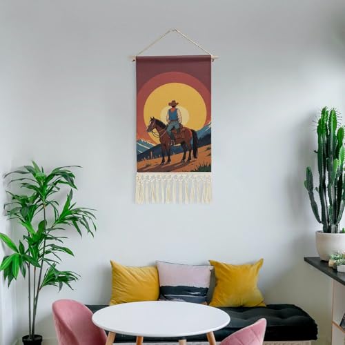 QMNBTES West Cowboy Wall Tapestry with Tassels Long Tapestry Wall Hanging Vertical Custom Tapestries Aesthetic Hanging Tapestries Boho Wall Art Decoration for Bedroom Living Room Dorm 19.6x10 Inch