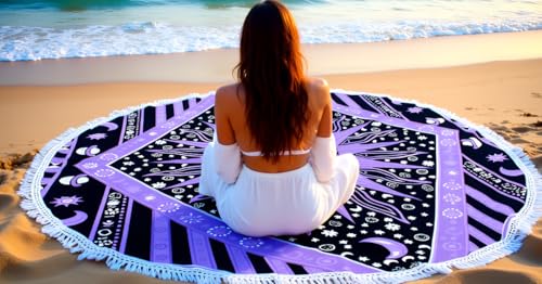 Round Beach Tapestry Mandala Boho Hippie Blanket Indian Cotton Bohemian Large Table Cloth Home Decor Yoga Mat Meditation Picnic Rug Throw Hippy Boho Gypsy Tablecloth Roundie (42 Inches, Purple) - color: Purple, size: 42"L x 42"W