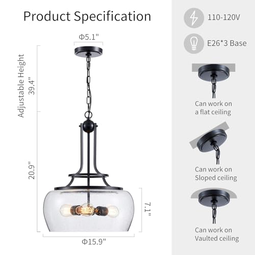WUZUPS Chandelier Rustic Farmhouse Industrial Round Ceiling Pendant LED Light Fixture Clear Seeded Glass Shade for Dining Room Kitchen Island Foyer Entryway, H 20.9" x W 15.9", Black - color: Pendant Light, Black, 3-Light, size: H 20.9" * W 15.9"