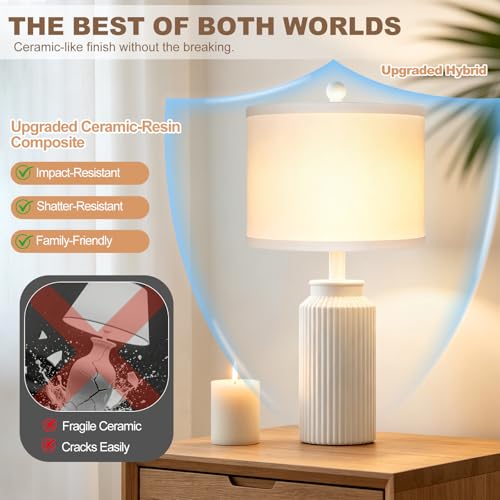 22" Modern Ceramic Table Lamp Set of 2 for Living Room, Rustic Farmhouse White Desk Lamps with White Linen Shade, Vintage Bedside Nightstand Lamps for Bedroom, Living Room End Table Lamps Home Decor