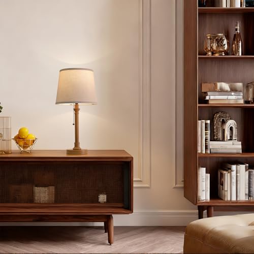 Oneach 19.5" Small Table Lamps Set of 2, Pull Chain Switch Bedside Metal Table Lamps, Modern Nightstand Lamp with Linen Shade, Rustic Lamp for Living Room, Bedroom, Home Office, Nursery - color: Wood Grain-2Pack