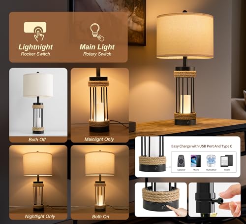 OYEARS 25" Table Lamps Set of 2 with Night Light, Rustic Bedside Lamps with USB C+A Charging Ports, Black Metal Lamp with Rope Accent and Frosted Glass, Farmhouse Lamps for Living Room Bedroom - color: Farmhouse Black